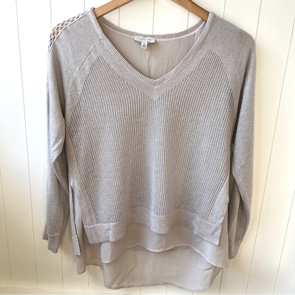 Lucky Brand Womens Layered Metallic Silver Lined Sweater, Size Medium